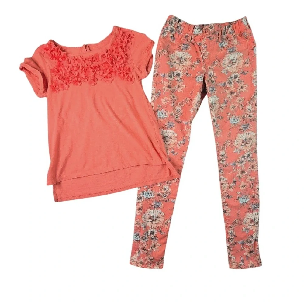 GapKids 2 Piece Outfit Girls XL 12 Coral Pink Floral Applique Top & Skinny Jeans